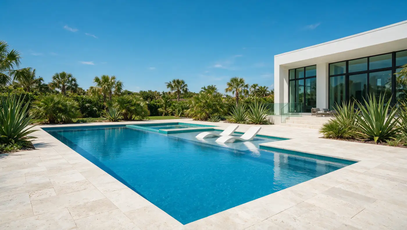Modern rectilinear gunite pool with sun shelf built in a West Palm Beach backyard
