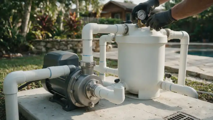 Variable-speed pool pump and filter on an equipment pad being checked by a technician