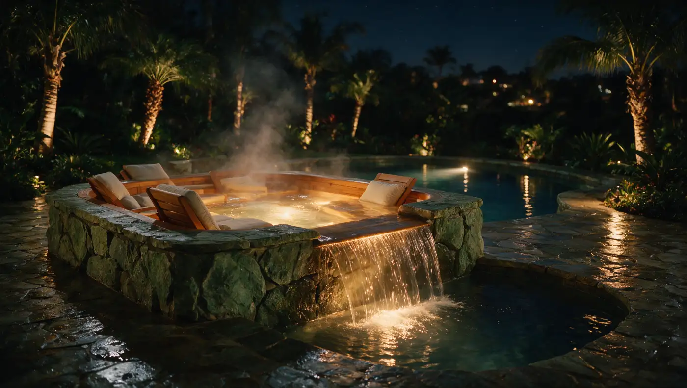 Raised spa and pool at night with underwater lighting, built and maintained by West Palm Pool Co.